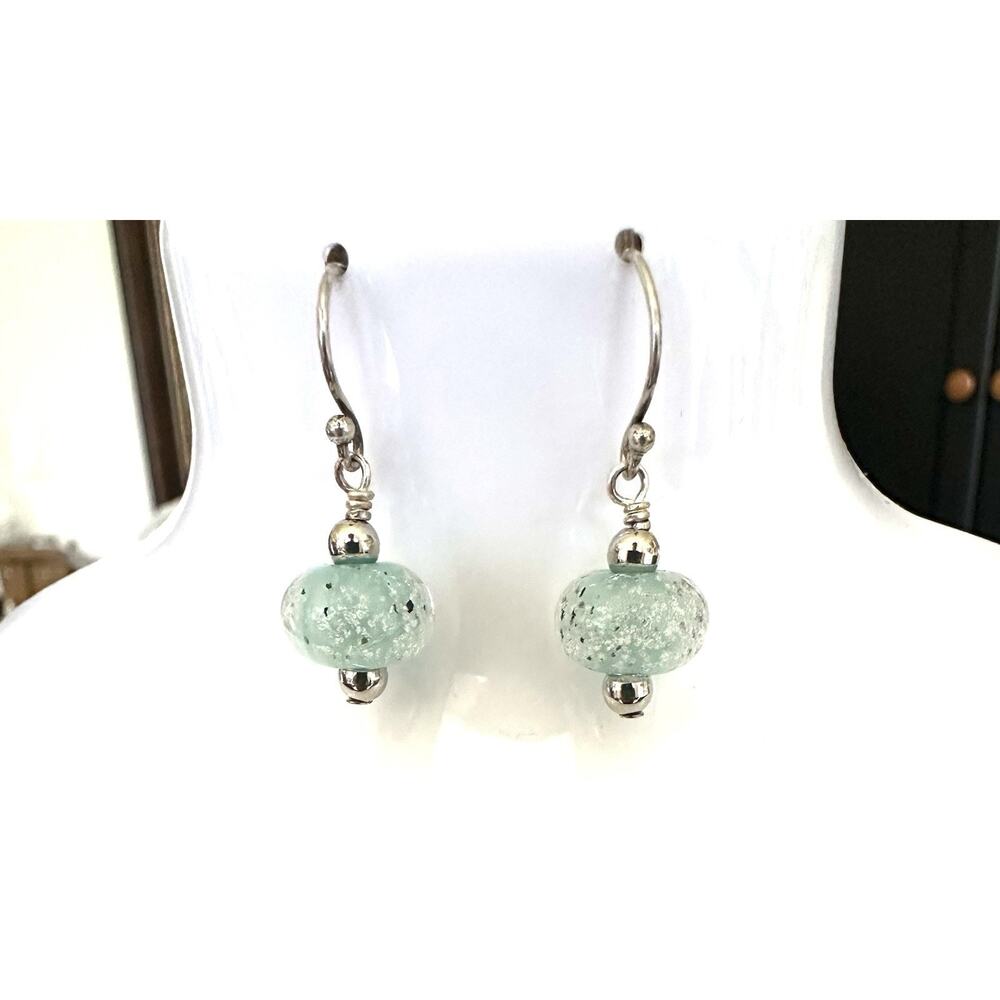 Silver 925 Shimmery Sea Green Lamp Work Glass Bead Dangle Ornament Earrings